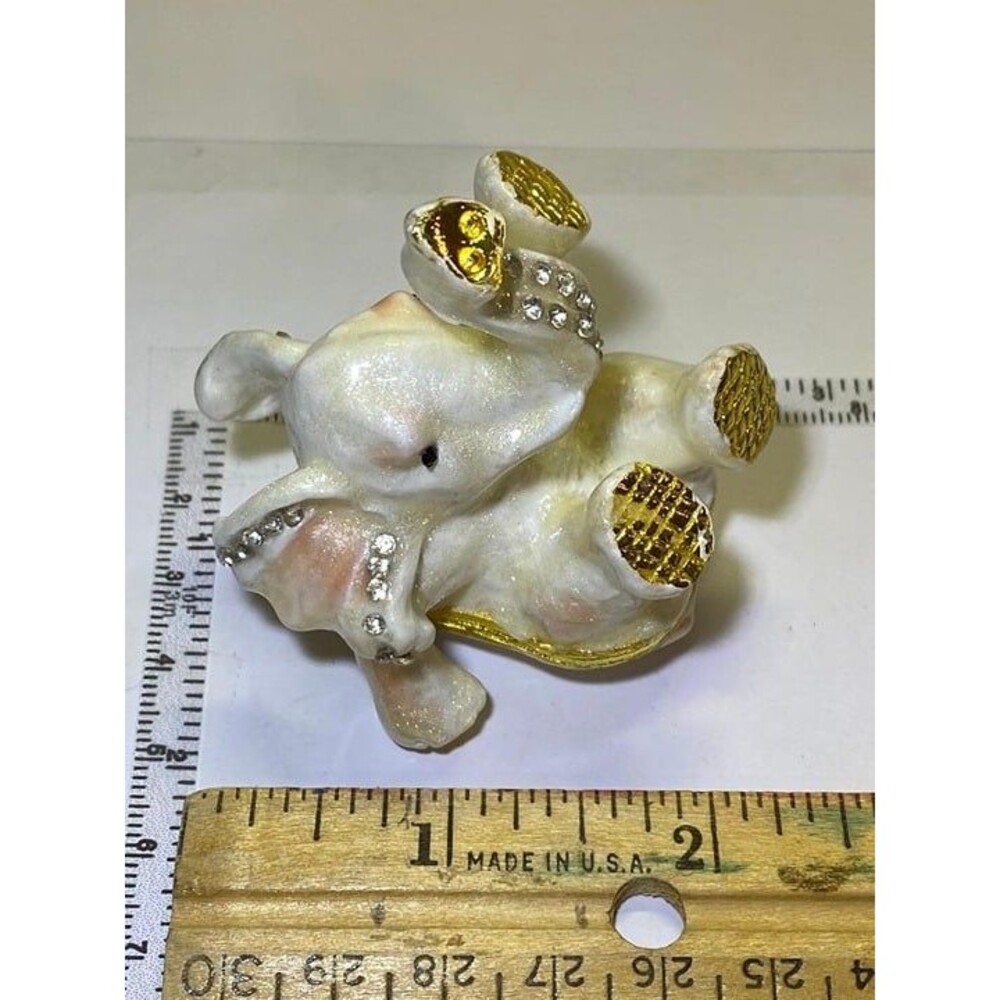 Elephant White Hinged Trinket Box Collectible Enamel Crystals Gold Tone Cute